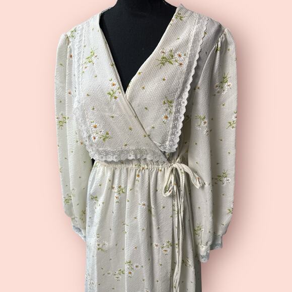 Vtg 70’s Prairie Wrap Dress Women Large Daisy Maxi Cottagecore Lace Long Sleeve - Picture 2 of 7
